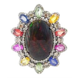 Large silver cabochon galaxy opal, multicoloured sapphire and diamond dress ring, opal approx 8.20 carat, total sapphire weight approx 2.85 carat, total diamond weight approx 1.00 carat