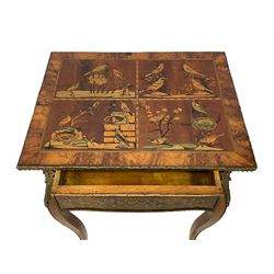 In the manner of Émile Gallé - late 19th to early 20th century inlaid walnut side table, rectangular top inlaid with Japonisme decoration depicting birds within trees, figured crossbanding and cast gilt foliate applied edge, single frieze drawer inlaid with scrolling brass work, on cabriole supports with ornate floral mounts