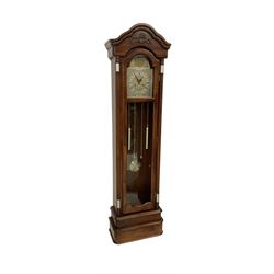 20th-century month going mahogany longcase clock - with a double arched pediment and full length glazed door with visible dummy weights and pendulum, brass dial with etched spandrels and dial centre, silvered chapter ring and steel hands, twin train going barrel movement striking the hours and half hours.