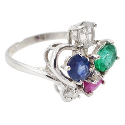 18ct white gold two stone diamond and four stone oval cut blue and white sapphire, emerald and ruby ring