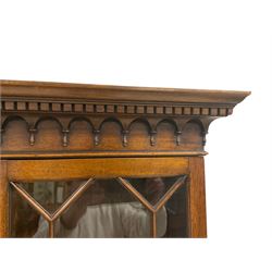George III mahogany bureau bookcase, projecting dentil cornice and turned pear-drop moulding, two astragal glazed doors over fall-front concealing fitted interior with four graduating cock-beaded drawers below, on bracket feet