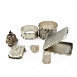 Group of silver including George V silver capstan inkwell, hallmarked Walker & Hall Sheffield 1929, silver trumpet vase with pierced rim, H16.5cm, two napkin rings, matchbook holder, vesta case, pill box, condiment, timble, Queen Victoria 1890 crown pendant and coin ring 