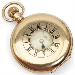 Criterion gold plated half-hunter top-wind pocket watch, white enamel dial with Roman numerals and subsidiary seconds dial