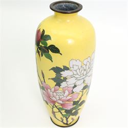 Three pairs of Japanese Cloisonne vases, each decorated with blossoming flowers, the blue ground vases decorated with wading storks, together with another Japanese Cloisonne vase, decorated with iris, H31cm max (7)