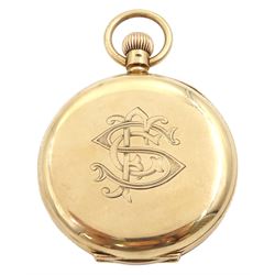 Edwardian 9ct gold half hunter keyless lever pocket watch, white enamel dial with Arabic numerals and subsidiary seconds dial, back case monogrammed, case by Dennison, Birmingham 1902