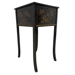 Early 20th century gilt and ebonised Chinoiserie work or sewing box, rectangular hinged top decorated with tradition pagoda and figural motifs, enclosing silk lined interior, sides painted with floral designs