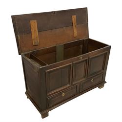 18th century oak mule chest, rectangular hinged top with moulded edge enclosing candle box, triple panelled font over two drawers with fielded panelled facias, on stile supports