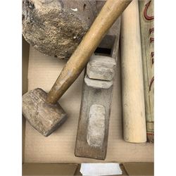 Large mallet, Colman's Starch box cover, Hammonds beer tray, rolling pin, etc in one box