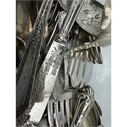 Part service of silver-plated kings pattern cutlery, together with a quantity of 19th century and later silver-plated cutlery in one box