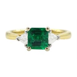 18ct gold three stone square cut emerald and trillion cut diamond ring, hallmarked, emerald approx 0.75 carat