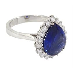 18ct white gold pear cut sapphire and round brilliant cut diamond cluster ring, hallmarked, sapphire approx 3.65 carat, total diamond weight approx 0.50 carat