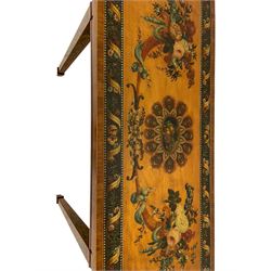 Late 18th century Sheraton satinwood console table, circa 1790, rectangular form top with stepped rounded front corners, painted with a central still life motif of fruit with a border of peacock feathers, the flanking cornucopias filled with floral bouquets with ribbon festoons encircling the horns, the border painted with garlands of flowers with ribbons swags wrapped around, the frieze and square tapering supports painted with further foliate decoration and posies, terminating to spade feet