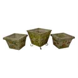 Pair of cast stone rusticated garden planters of tapering square form (38cm x 38cm, H26cm); and a similar larger planter (41cm x 41cm, H38cm)