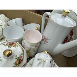 Aynsley harlequin cups and saucers, Royal Albert Old Country Roses vase and cover, Noritake coffee wares, Wedgwood Everest Goblet and various ceramics in two boxes