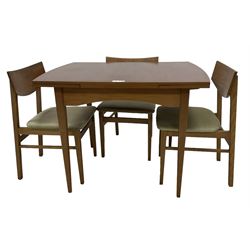 Mid-20th century teak extending dining table (H74cm, 98cm - 148cm x 76cm); and set three mid-20th century teak dining chairs