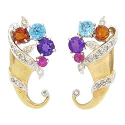 Pair of 9ct gold multi gem set cornucopia clip earrings, set with round cut amethyst, blue zircon, citrine, and ruby by Cropp & Farr, stamped