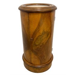 Victorian design walnut cylinder pot cupboard, white marble top in moulded circular frame, single door enclosing shelf, on moulded plinth base 