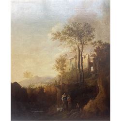 Jan Dircksz Both (Dutch 1615/18-1652) and Andries Both (Dutch 1612/1613-1642): Shepherd and Wife within an Italian Landscape, oil on canvas attributed and titled on the mount 60cm x 50cm
Provenance: previously owned by the Countess Michalowski, Cork
Notes: this picture captures the typical golden Italian light and shadowy foreground that Both highlighted in many of his works from the 1630s and early 40s. It is likely the figures were executed by his elder brother Andries, who drowned in Venice 1642