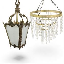 Three tier circlet electrolier hung with lustre drops and a glass and gilt metal hall lantern