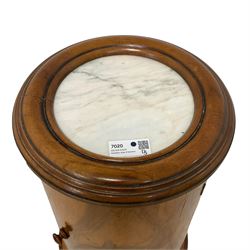 Victorian design walnut cylinder pot cupboard, white marble top in moulded circular frame, single door enclosing shelf, on moulded plinth base 