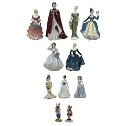 Royal Worcester figure 'The Queen's 80th Birthday 2006', two Royal Doulton Bunnykins figures 'Home Run' and 'Harry The Herald', two three further Royal Doulton figures 'Leading Lady', 'Lorna' and 'Fragrance' and four Coalport figures including Ladies of Fashion 'Christina' and three others (11)