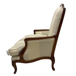 Duresta - French design hardwood-framed wide-seat armchair, shaped cresting rail over curved arms, upholstered in two-tone off-white striped fabric with loose seat cushion, shaped apron and cabriole feet 