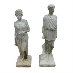 Pair of simulated marble composite small Classical statues, in the form of Hebe the Goddess of Youth and an Ancient Greek male in a Toga