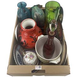 Ruby overlay glass decanter, two studio glass vases with aventurine decoration, West German vase etc in one box