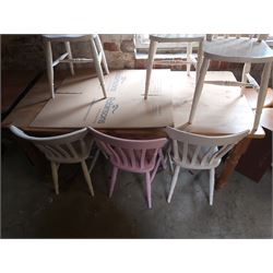 Pine Kitchen Table(6FT Wide 90cm Deep 75cm High) Five White Painted Chairs and a Pink Painted Chair