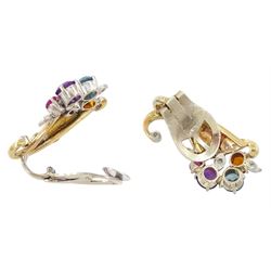 Pair of 9ct gold multi gem set cornucopia clip earrings, set with round cut amethyst, blue zircon, citrine, and ruby by Cropp & Farr, stamped