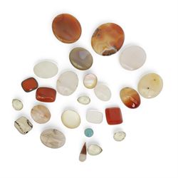 Collection of loose agate and other plaques, including carnelian, lace agate and dendritic agate examples, together with four pear cut paste stones, etc