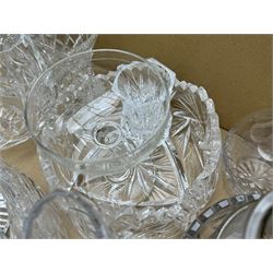 Large collection of cut glass and other glass including a heavy cut glass jug and glass set, cut with a pineapple design, liquor glasses, vases, jugs, bowls etc in three boxes