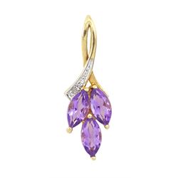 9ct gold three stone marquise cut amethyst and diamond leaf pendant, stamped 375