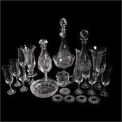 Quantity of table glass and other glassware, including three decanters, one with silver sherry label, two vases, various drinking glasses including Stuart examples, tumblers, flutes, sundae dishes, etc, contained in two boxes