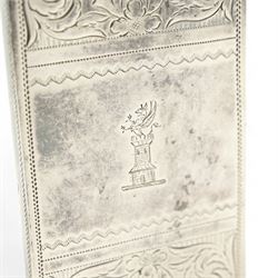 19th century silver card case engraved with scrolls and the crest of a tower and griffin 7cm x 4cm Birmingham assay circa 1830 Maker Joseph Willmore 