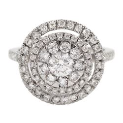 18ct white gold pave set round brilliant cut diamond halo cluster ring, with diamond set shoulders and gallery, hallmarked