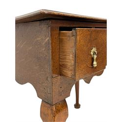 18th century oak low-boy, rectangular moulded top over three drawers with scratch mouldings, shaped apron, on cabriole supports