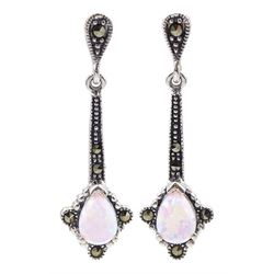 Pair of silver opal and marcasite pendant earrings, stamped 925 