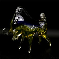 Murano glass model of a bull, seated cat and bird, Orrefors glass plate, designed by Lars Hellsten, D32cm and vintage glass dish (5)