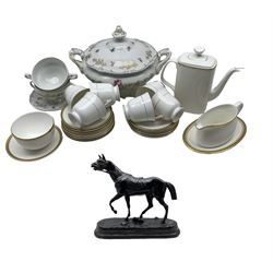 Set of six Royal Worcester Viceroy pattern trios and sugar bowl, matching Royal Doulton Gold Concord coffee pot, Royal Gold saucer and a Royal Crown Derby Tiepolo sauceboat and stand,  large German porcelain tureen and a pair of soup bowls and stands and a black painted spelter model of a Horse on oval base, After Jules Moigniez, inscribed signature H21cm 