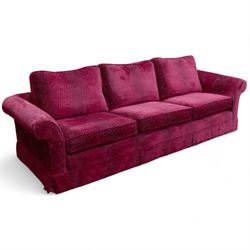 Parker & Farr - grande 8' four seat sofa, traditional shape with rolled arms, upholstered in fuchsia leopard print patterned fabric with loose seat cushions, on castors, upholstered by Dorothy Wightman Interiors