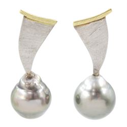 Pair of 18ct white and yellow gold cultured Tahitian pearl pendant screw back earrings, stamped 750