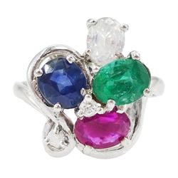 18ct white gold two stone diamond and four stone oval cut blue and white sapphire, emerald and ruby ring