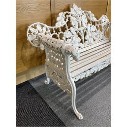 Coalbrookdale design - early 20th century cast iron oak leaf and acorn bench, white painted cast iron frame with slatted wooden seat, the pierced and shaped back decorated with scrolling oak branches and leafage, flanked by dog mask arm terminals over cabriole supports with paw feet 