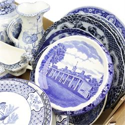 Large embossed brass charger, Copeland Spode plates, blue and white teapot stand, Victorian blue and white jugs, Wood & Sons 'Yuan' part dinner ware, pink lustre jug etc in one box