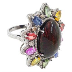 Large silver cabochon galaxy opal, multicoloured sapphire and diamond dress ring, opal approx 8.20 carat, total sapphire weight approx 2.85 carat, total diamond weight approx 1.00 carat