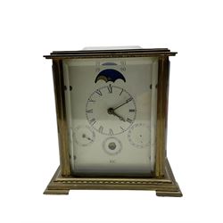 French - 20th century 8-day brass cased table clock, with five bevelled glass panels and multi-dial recording the time, date ,day, month and phases of the moon, with a twin train rack striking movement and platform lever escapement, striking the hours and half hours on a bell.