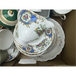 Minton Marlow part tea and coffee set, Foley Broadway pattern tea wares, Doulton jugs, Majolica plates etc in two boxes