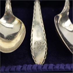 Set of six engraved silver tea spoons Birmingham 1919, four Victorian tea spoons and tongs with figure finials, two silver serviette rings, silver pepperette, two silver handled knives and an Indian white metal condiment set