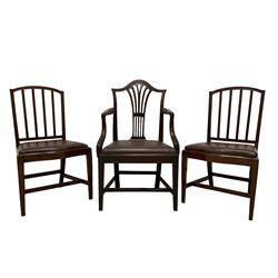 Set of five George III mahogany dining chairs, arched slat back, serpentine fronted drop-in seat upholstered in brown leather, on square moulded supports united by H-stretcher; early 19th century elbow chair, shaped moulded cresting rai lover pierced splat, upholstered drop in seat, on square tapering moulded supports (6)